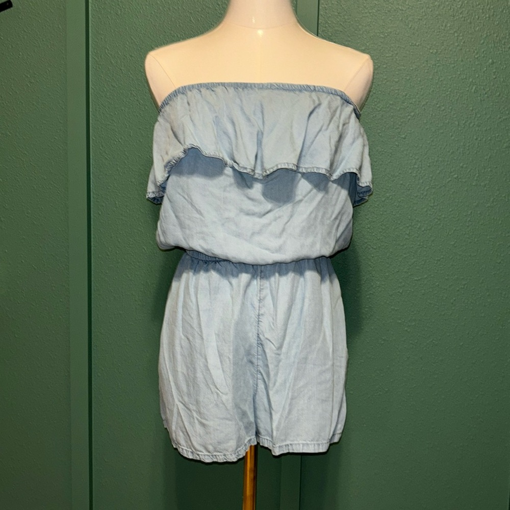 Women's strapless chamboard jean romper with pockets Aerie American Eagle Xsmall